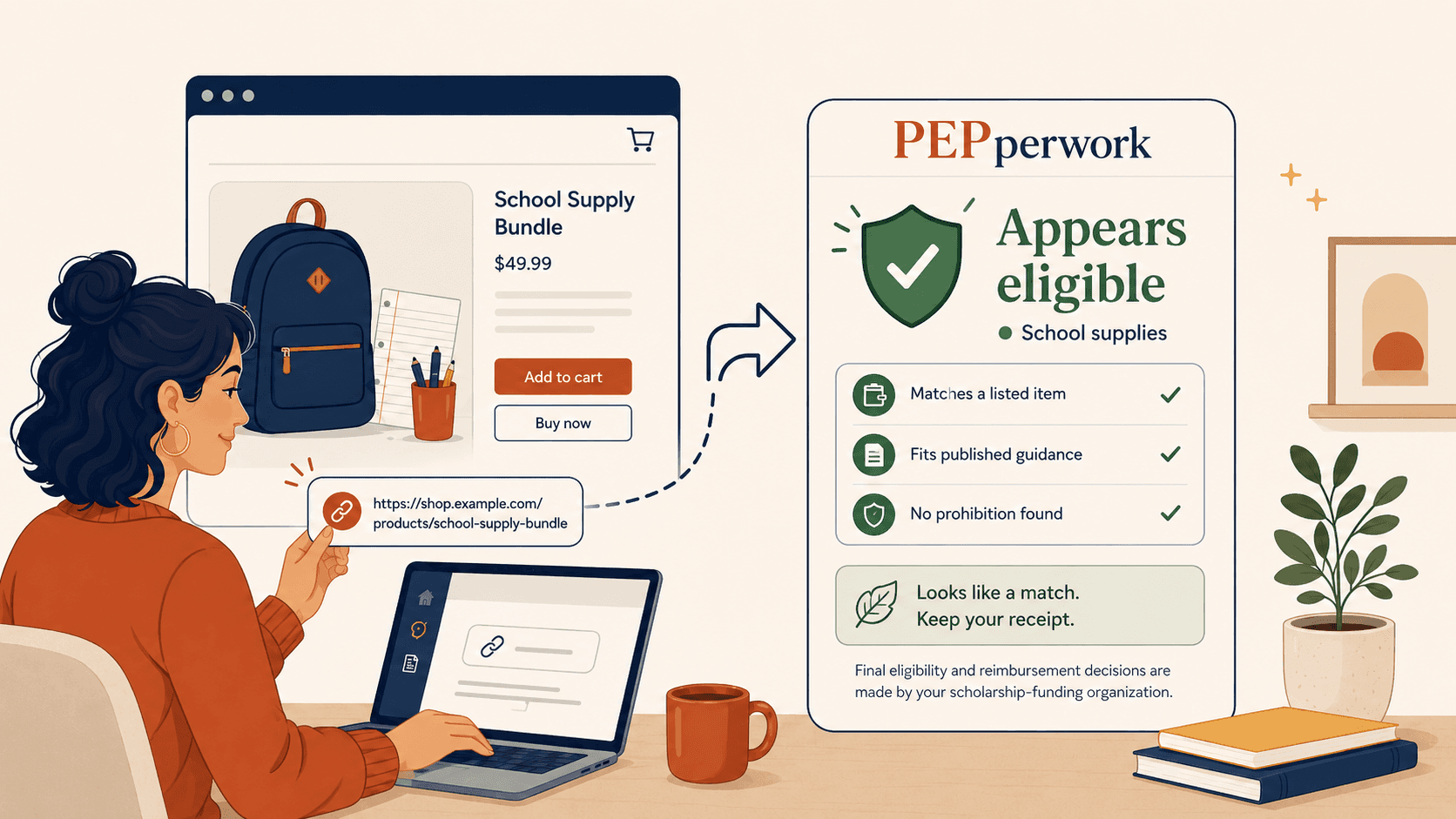 A parent pastes a school-supply product link and sees a PEPperwork result that appears eligible.